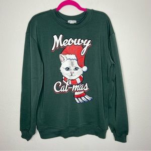 Better/Together Green Meowy Cat-Mas Sweater Size S NWT